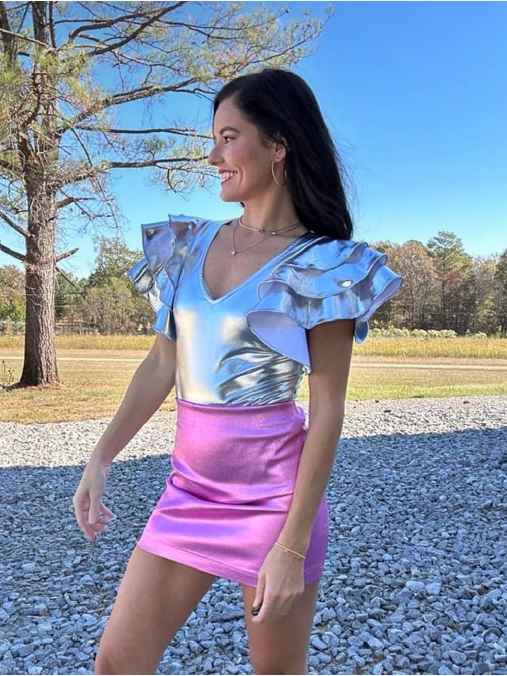 SILVER bodysuit with ruffle sleeves